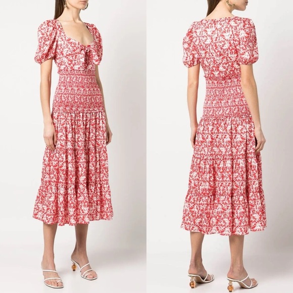 LIKELY AVRA BITTERSWEET & WHITE FLORAL SMOCK WAIST PUFF SLEEVE V NECK MIDI DRESS - Picture 2 of 15